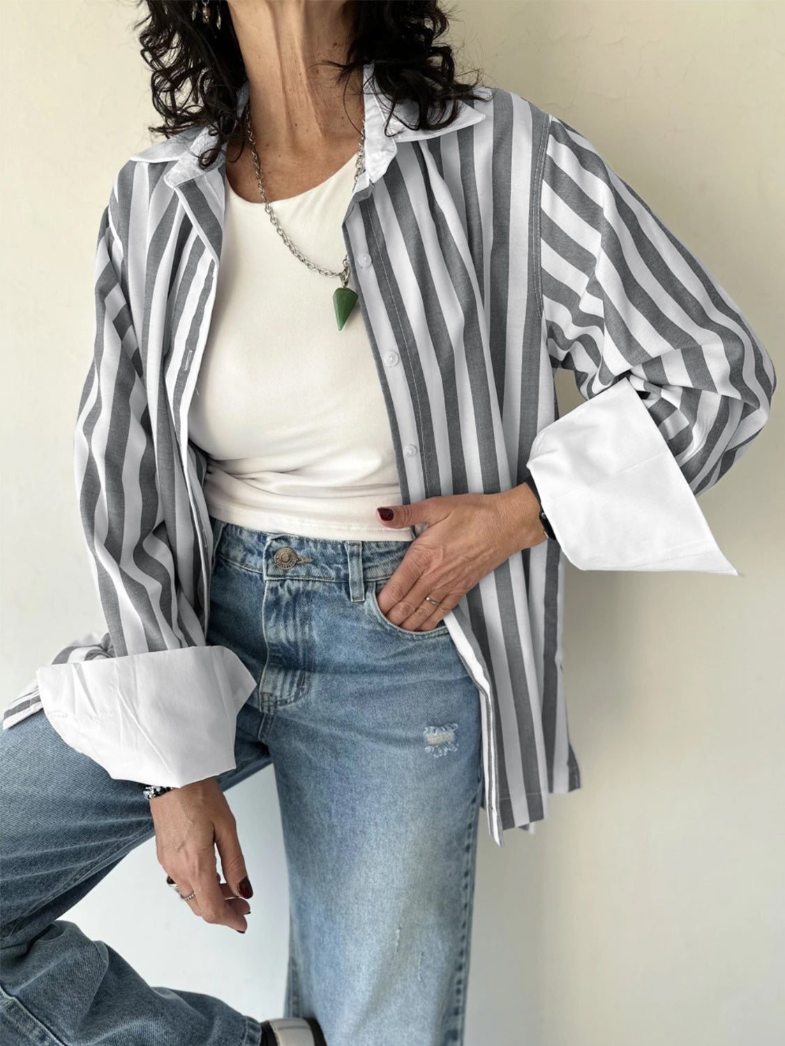 Striped Collared Neck Long Sleeve Shirt Blouse Trendsi   