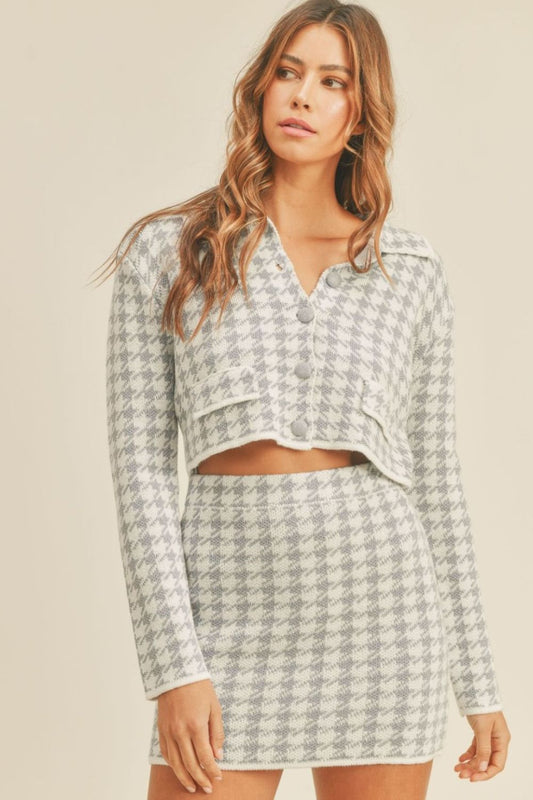 MABLE Houndstooth Cropped Knit Cardigan and Mini Skirt Set  Trendsi Blue S 