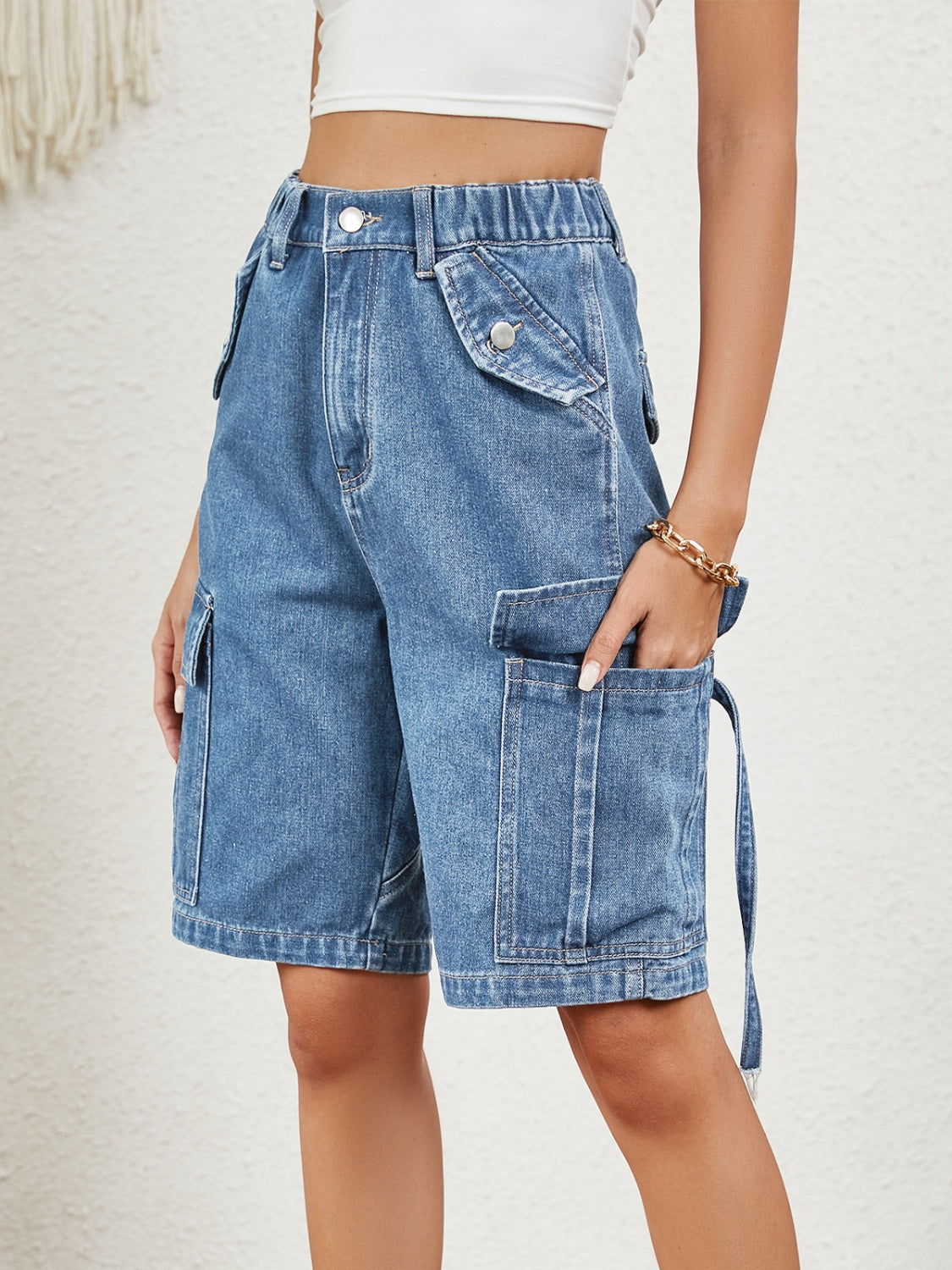 Buttoned Elastic Waist Denim Shorts with Pockets  Trendsi   