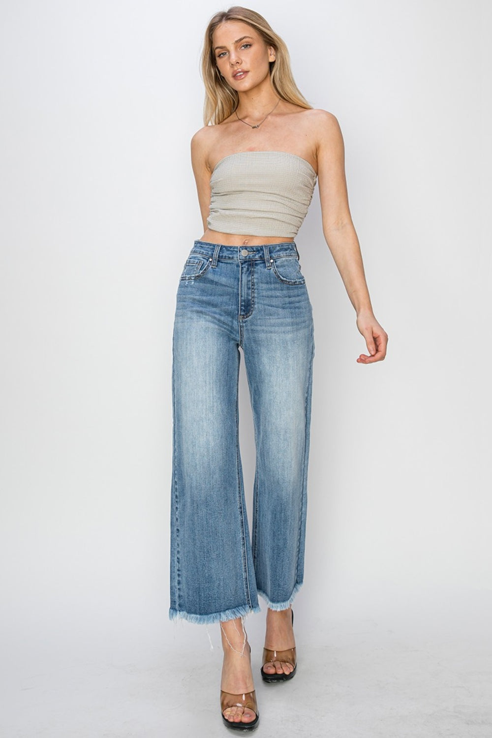 RISEN Raw Hem Cropped Wide Leg Jeans  Trendsi   