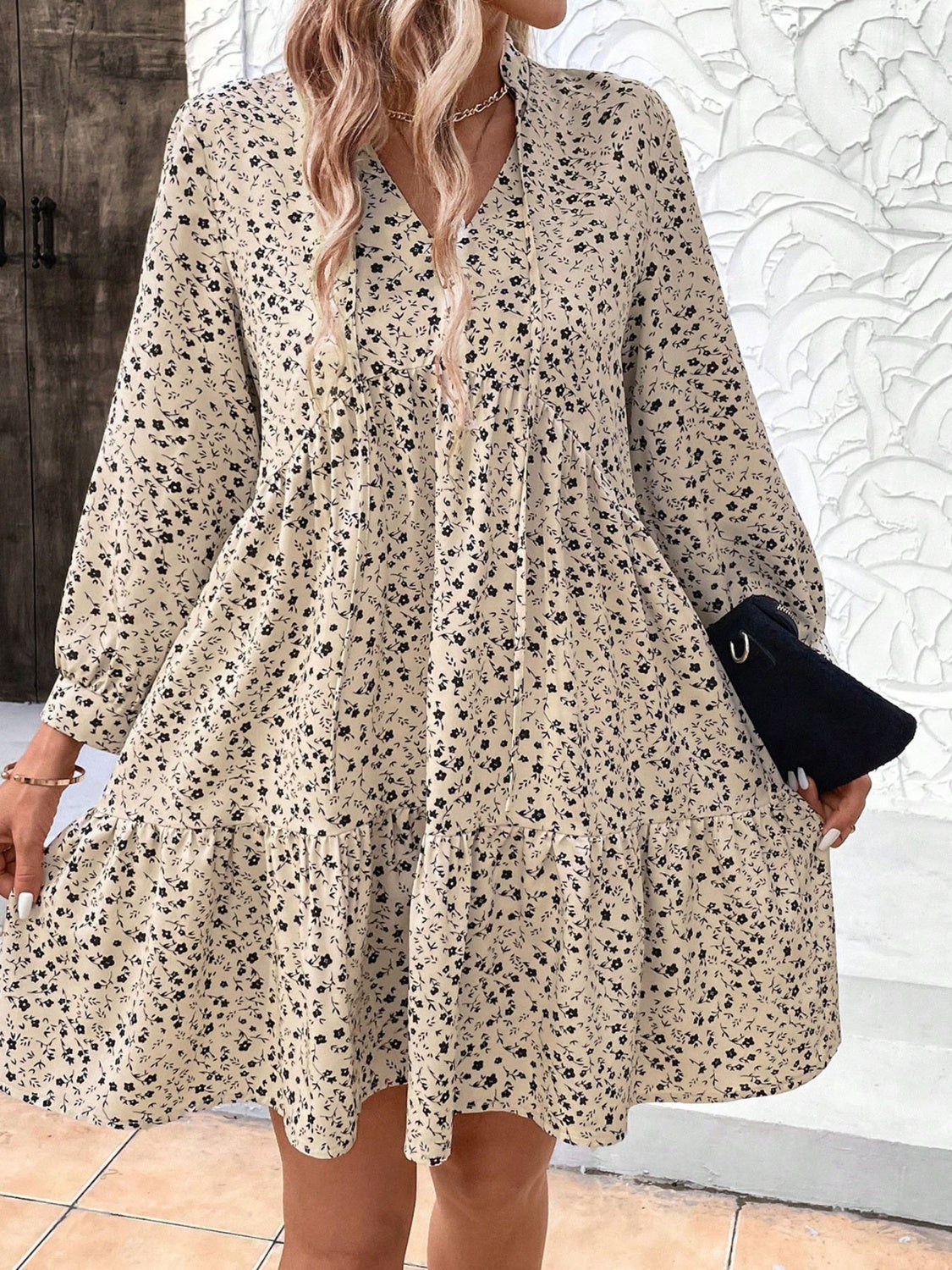 Tied Printed Long Sleeve Mini Dress  Trendsi   