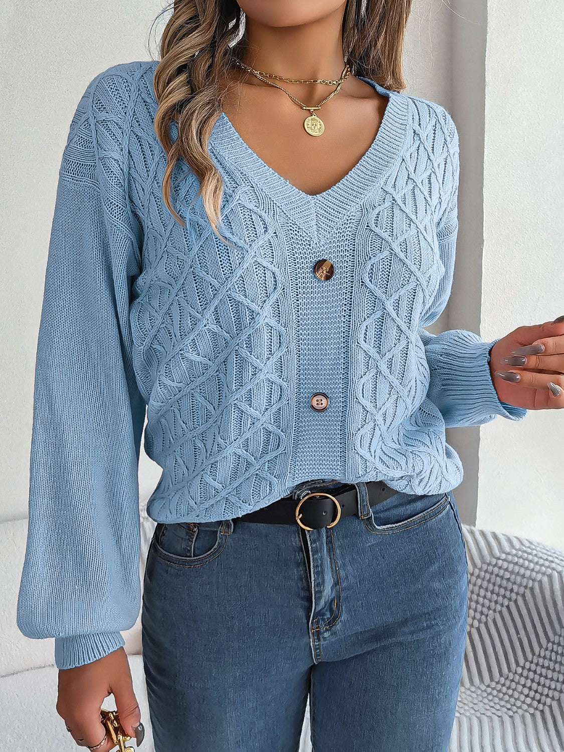 Cable-Knit V-Neck Lantern Sleeve Sweater  Trendsi   