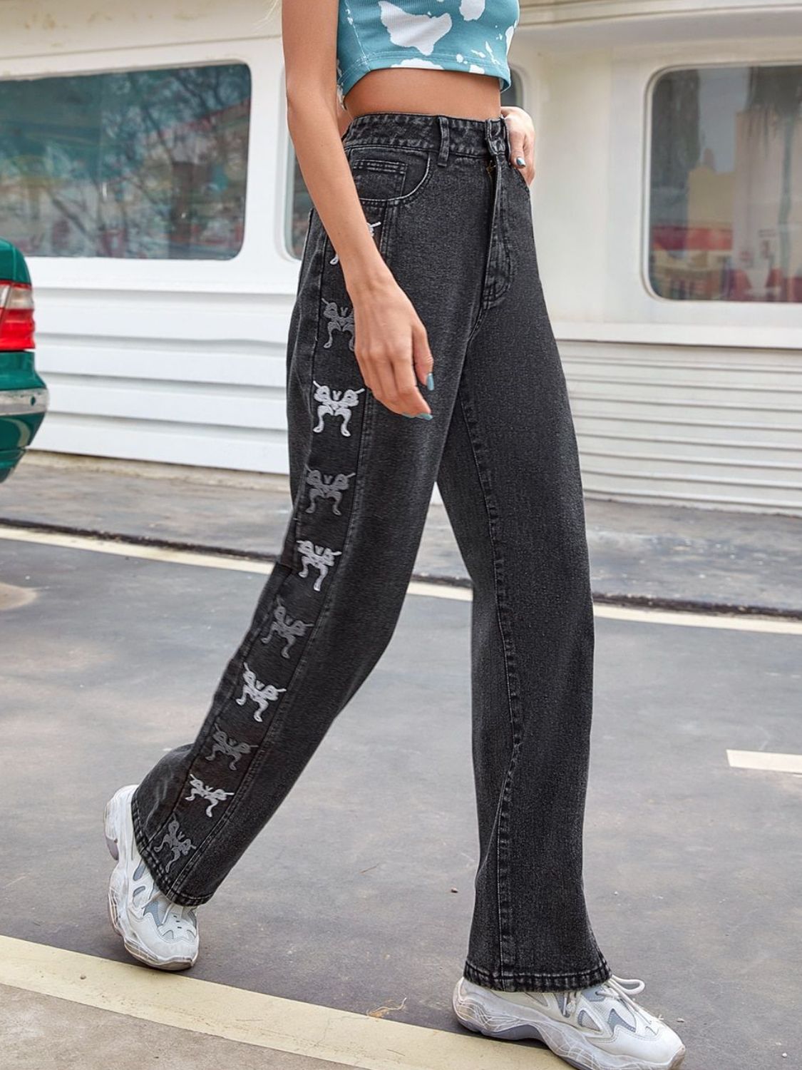 Embroidered Butterfly Jeans with Pockets  Trendsi   