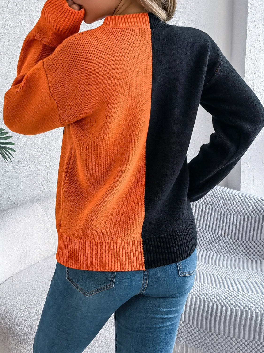 Contrast Round Neck Long Sleeve Sweater  Trendsi   