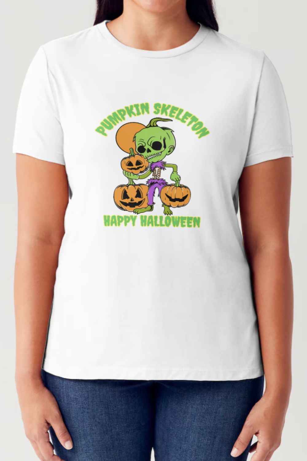 Simply Love Full Size PUMPKIN SKELETON HAPPY HALLOWEEN Short Sleeve Tubular T-Shirt T-Shirt Trendsi White S 