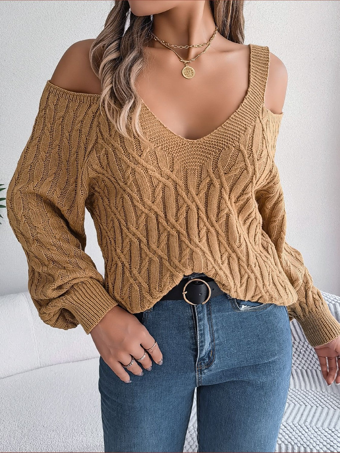 Cable-Knit Cold Shoulder Long Sleeve Sweater  Trendsi   