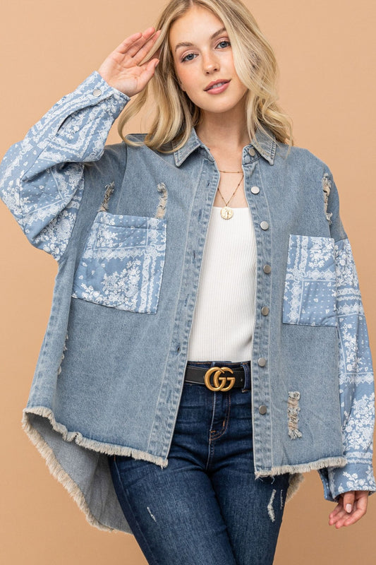 And The Why Full Size Paisley Print Quilted Sleeves Denim Jacket Luxe Trendsi Lt.Denim S 