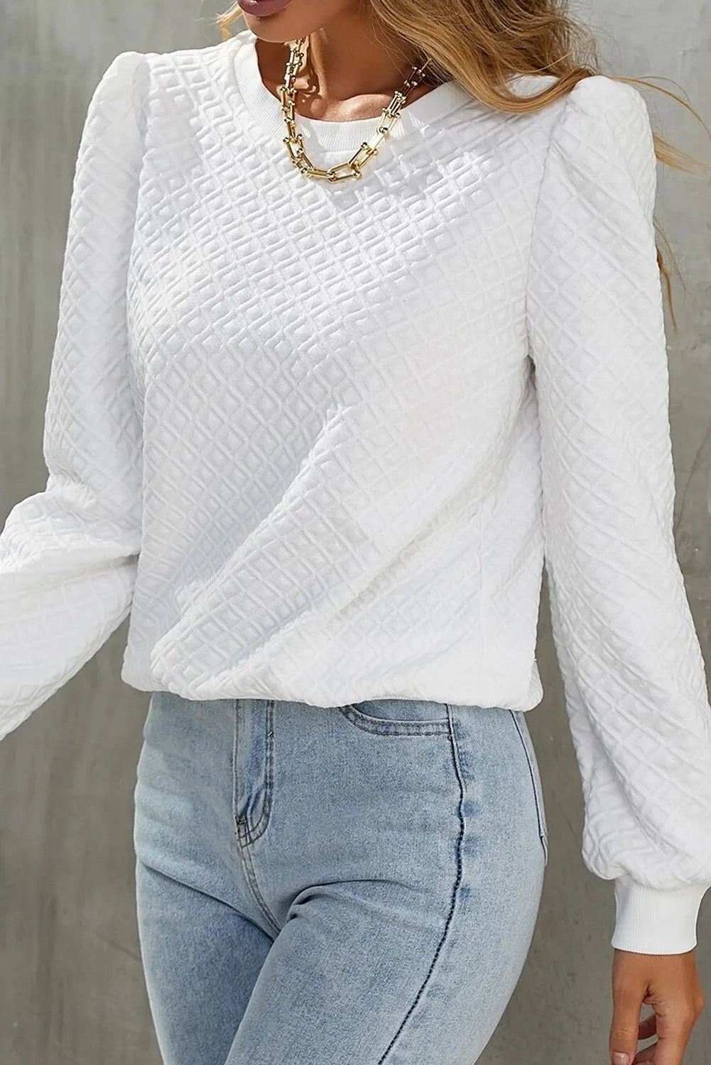 Textured Round Neck Long Sleeve Top Blouse Trendsi White S 