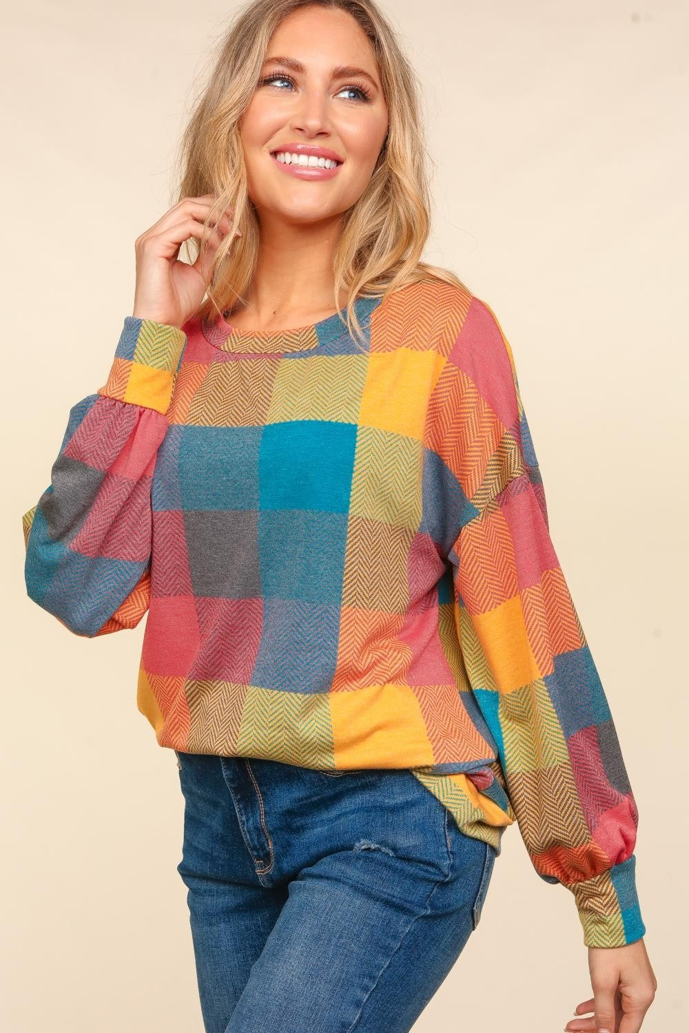 Haptics Round Neck Color Block Plaid Top  Trendsi   