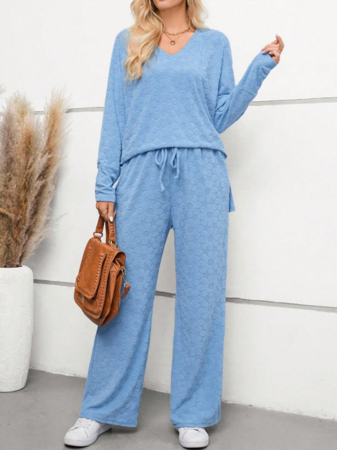 Flower V-Neck Long Sleeve Top and Pants Set  Trendsi   