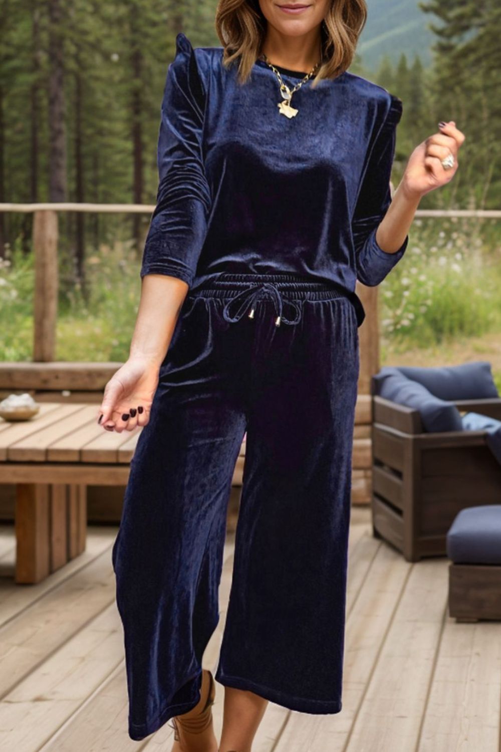 Velvet Round Neck Long Sleeve Top and Drawstring Pants Lounge Set  Trendsi Navy S 