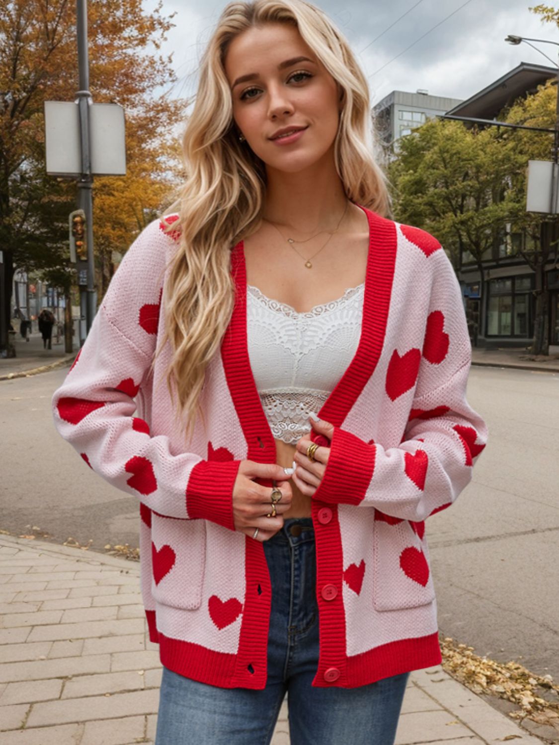 Heart Button Up Dropped Shoulder Long Sleeve Cardigan  Trendsi   