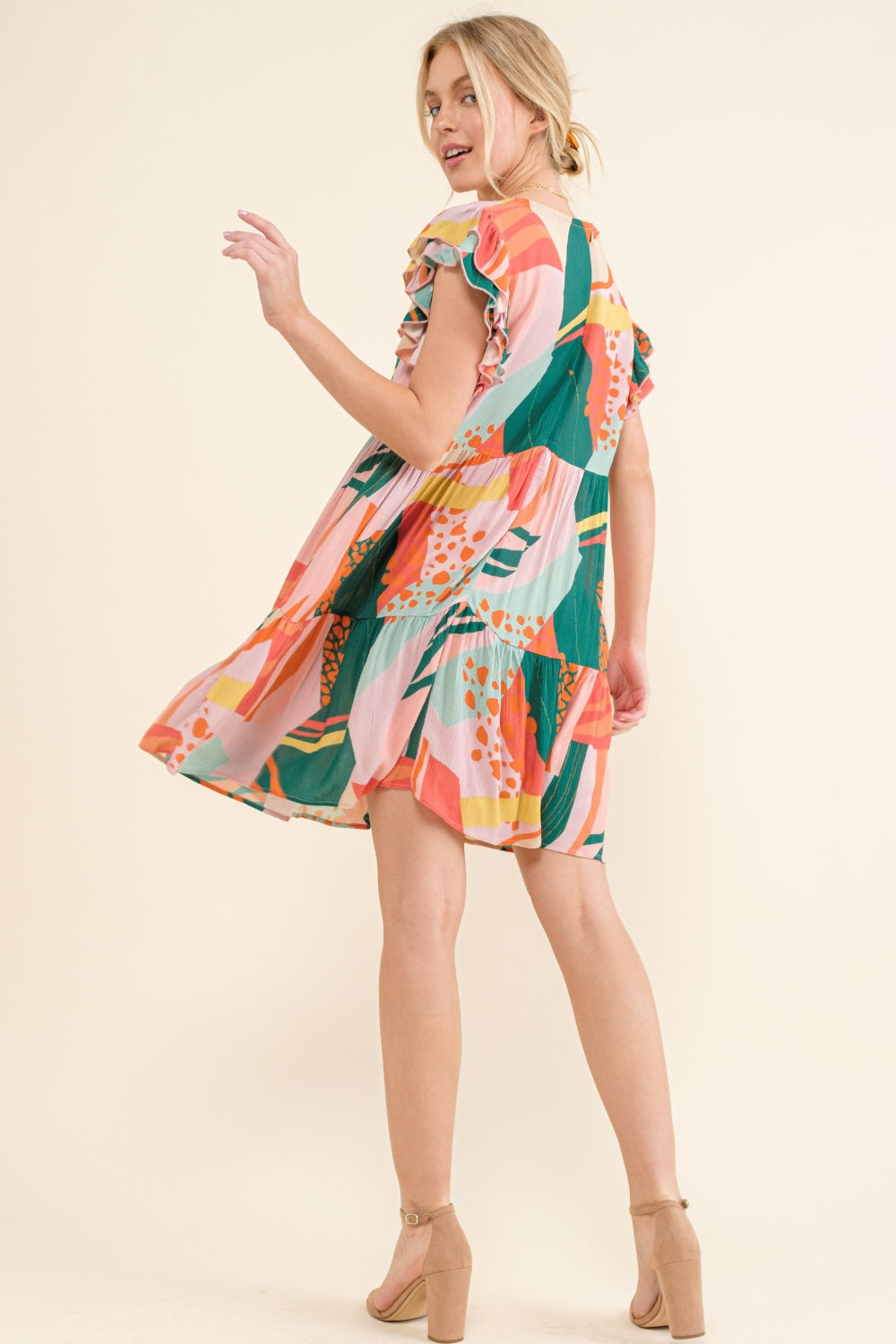 And The Why Printed Double Ruffle Sleeve Dress  Trendsi   