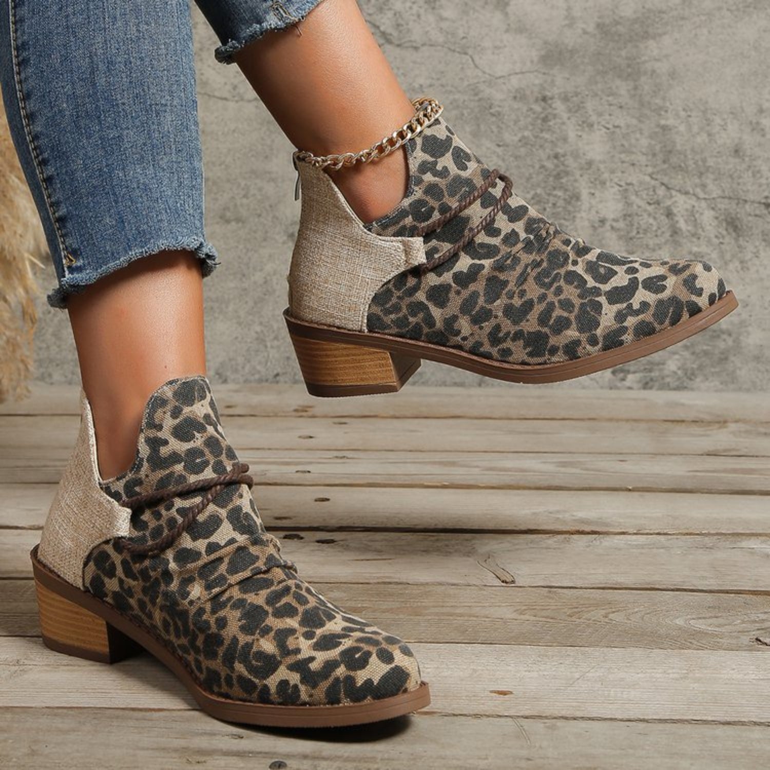 Contrast Canvas Low Heel Boots  Trendsi Leopard 35(US4) 