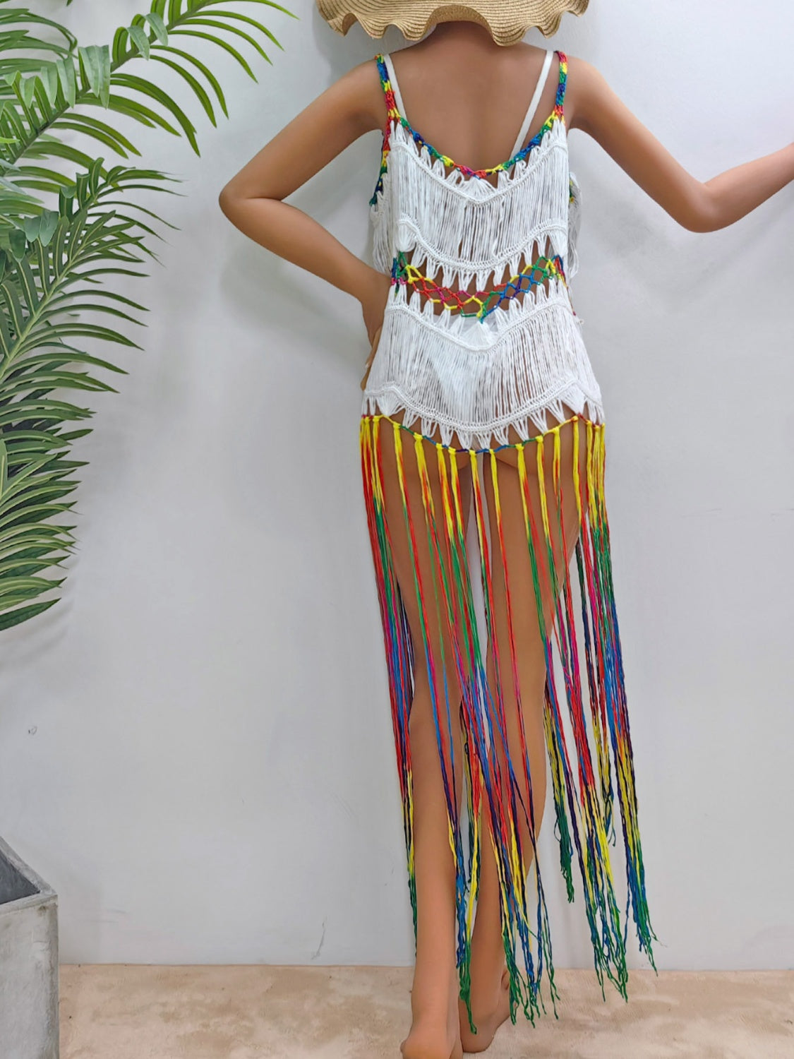 Fringe Scoop Neck Spaghetti Strap Cover-Up