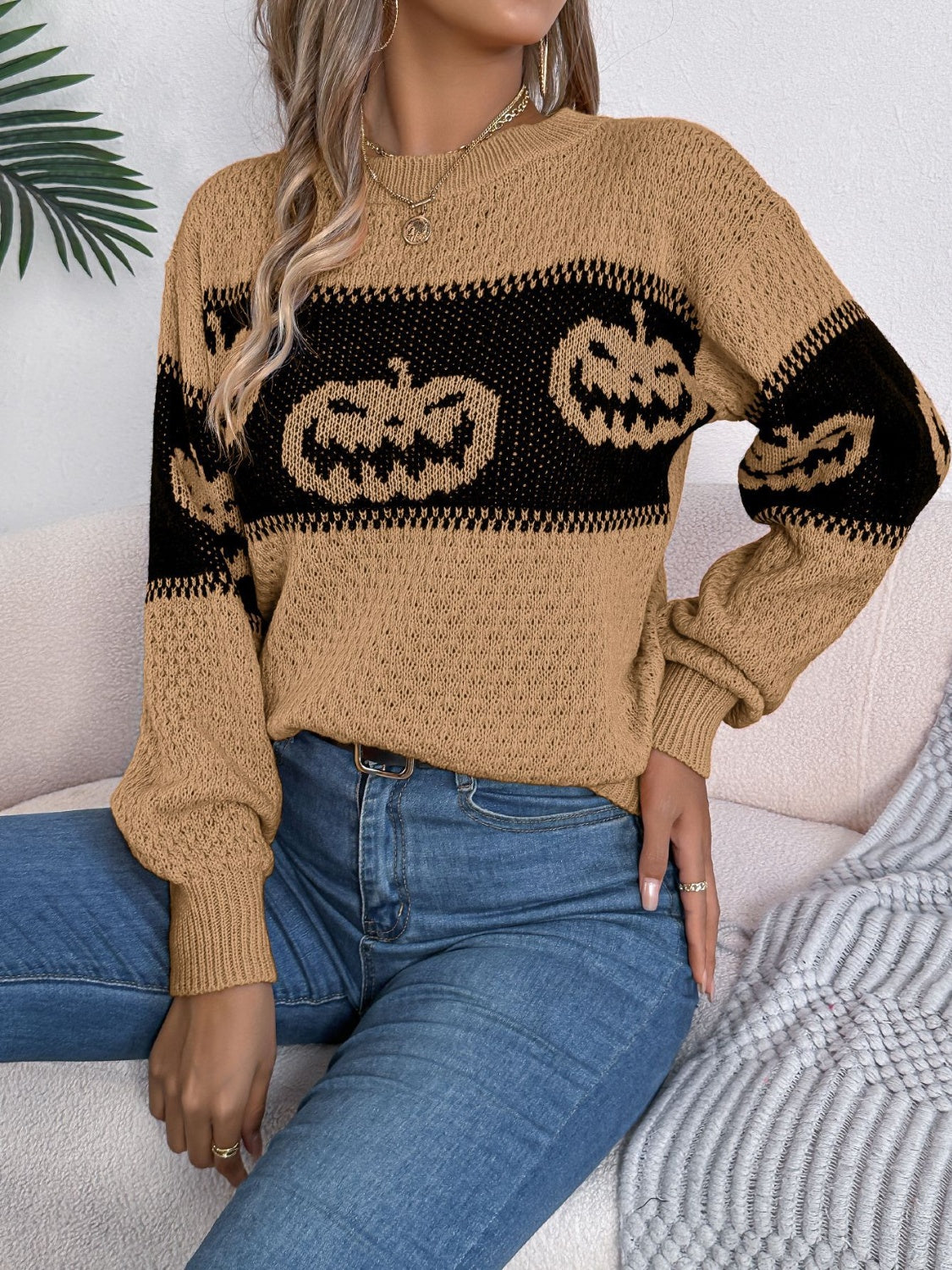 Pumpkin Round Neck Long Sleeve Sweater  Trendsi   