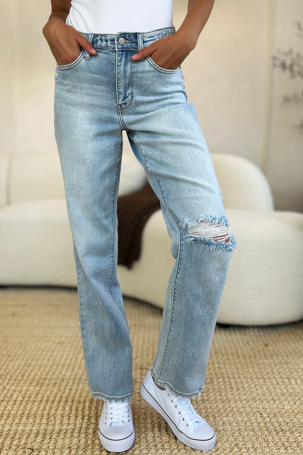 Judy Blue Full Size High Waist Distressed Straight Jeans  Trendsi   