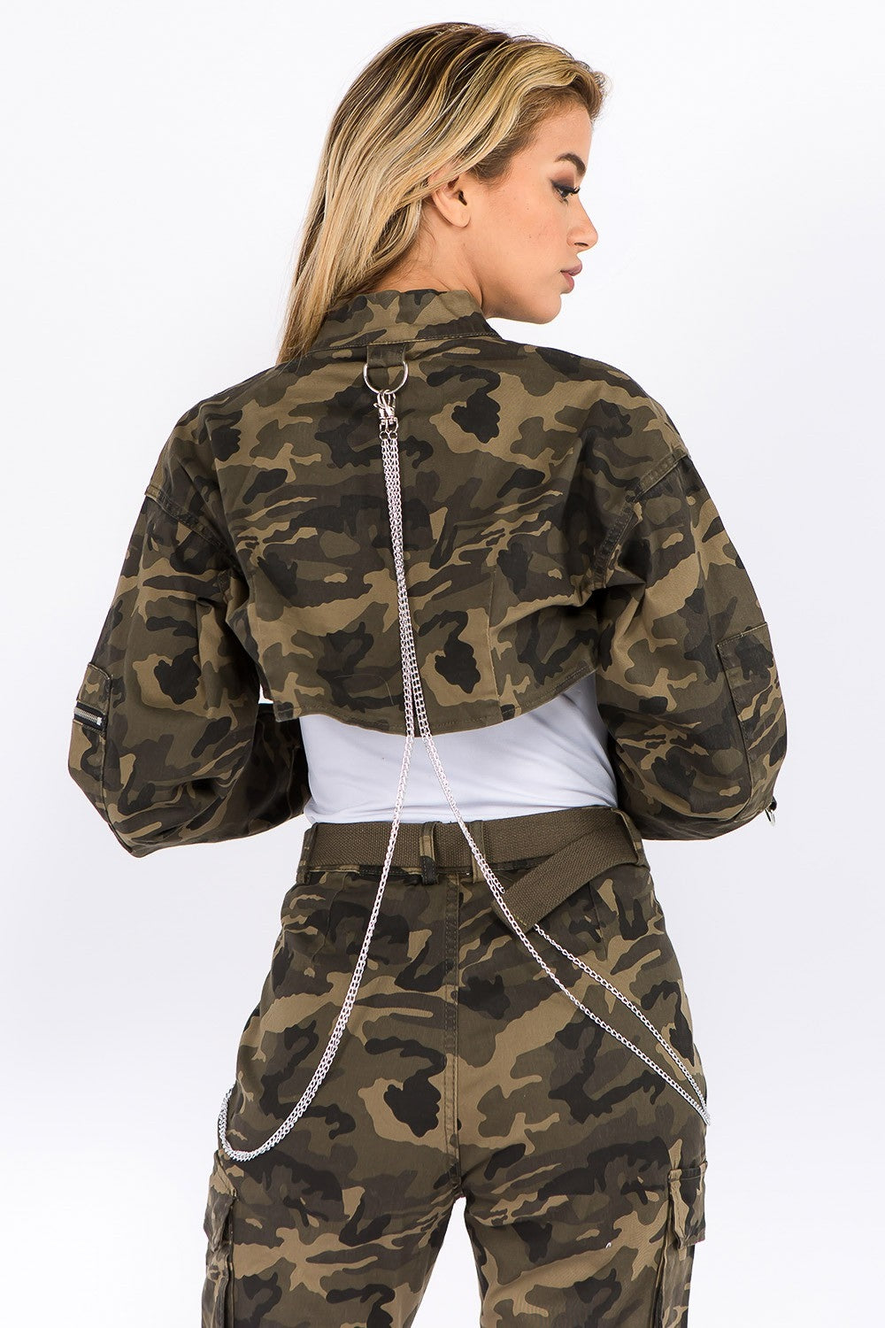 American Bazi Camouflage Cropped Jacket with Chains  Trendsi   