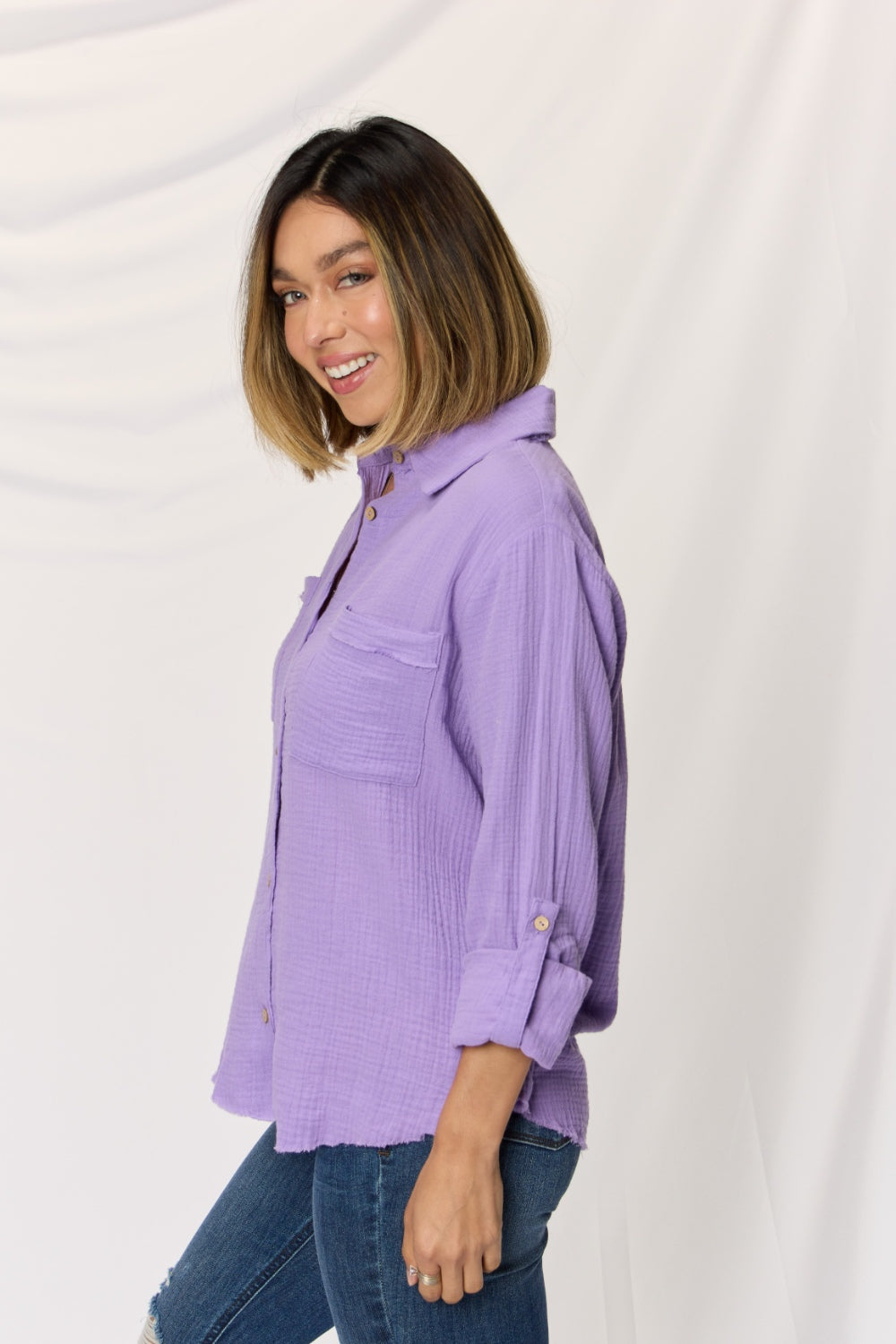 Zenana Texture Button Up Raw Hem Long Sleeve Shirt  Trendsi   