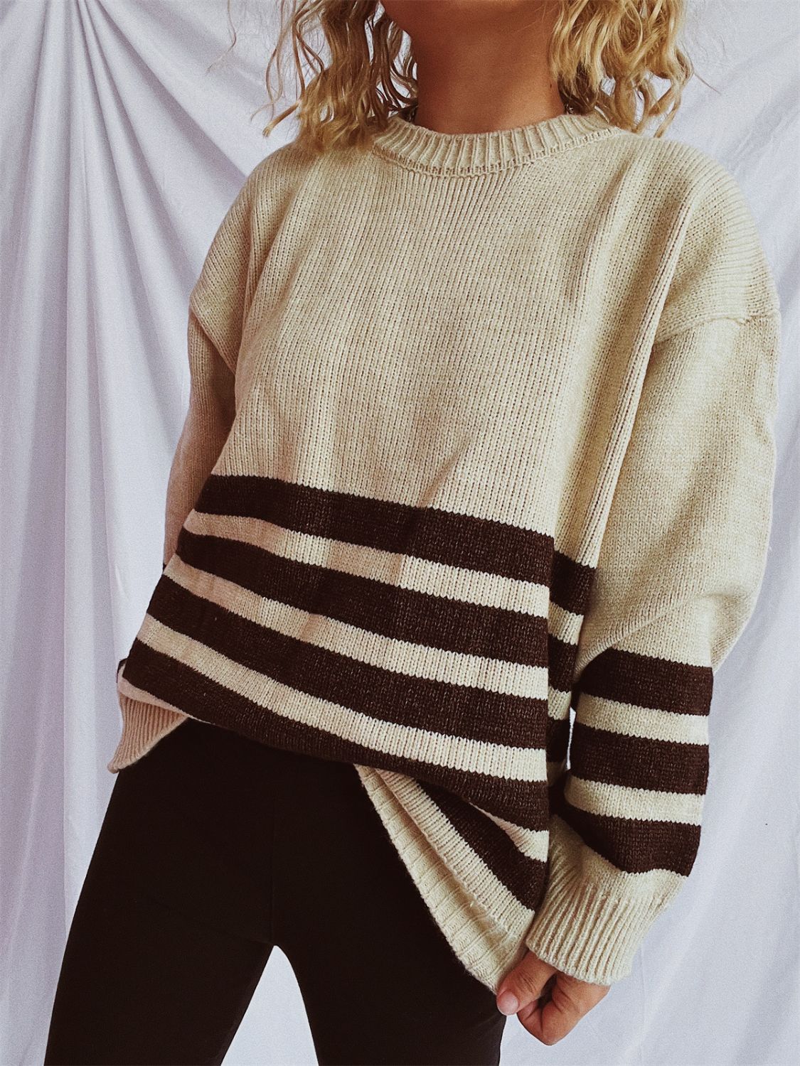 Striped Dropped Shoulder Long Sleeve Sweater  Trendsi Tan One Size 