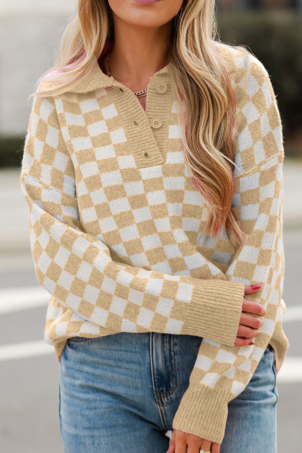 Checkered Collared Neck Long Sleeve Sweater