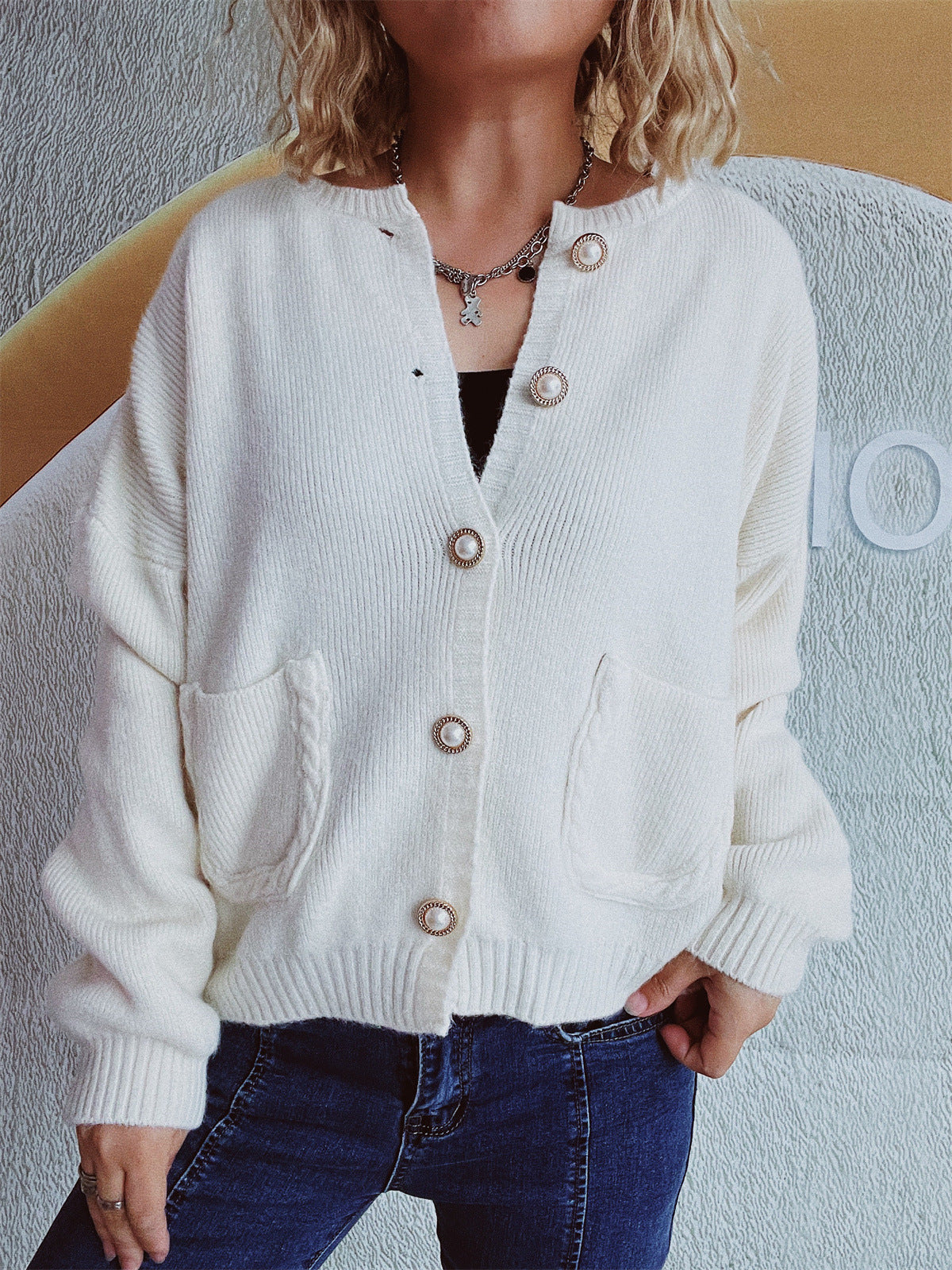 Button Up Long Sleeve Cardigan  Trendsi White One Size 