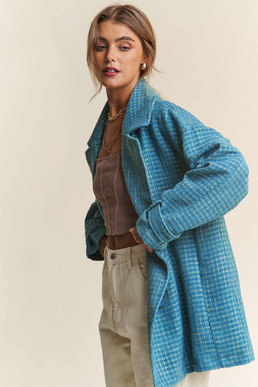 J.NNA Tweed Double-Breasted Long Sleeve Coat  Trendsi   