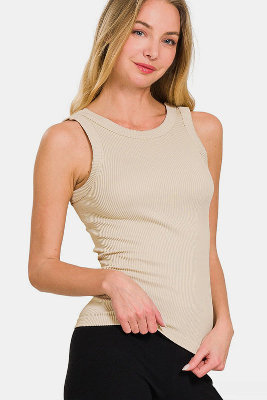 Zenana 2 Way Neckline Washed Ribbed Tank  Trendsi Sand Beige S/M 