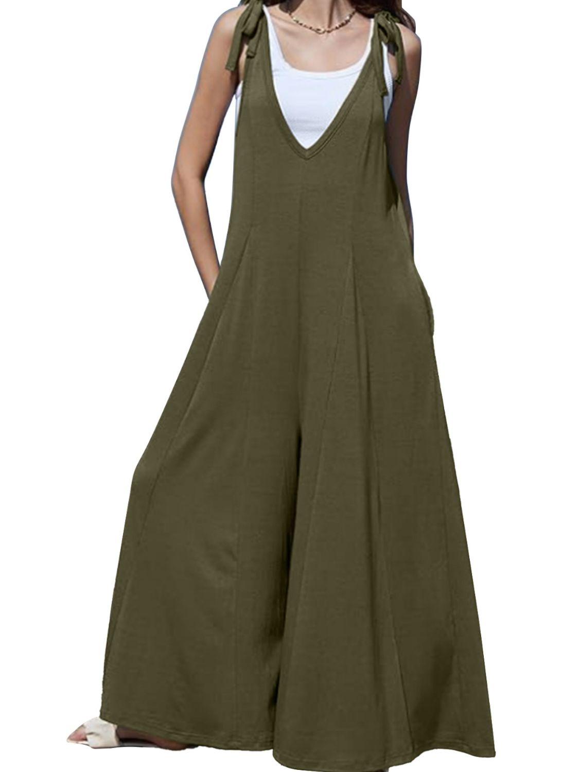 V-Neck Tie Shoulder Jumpsuit  Trendsi   