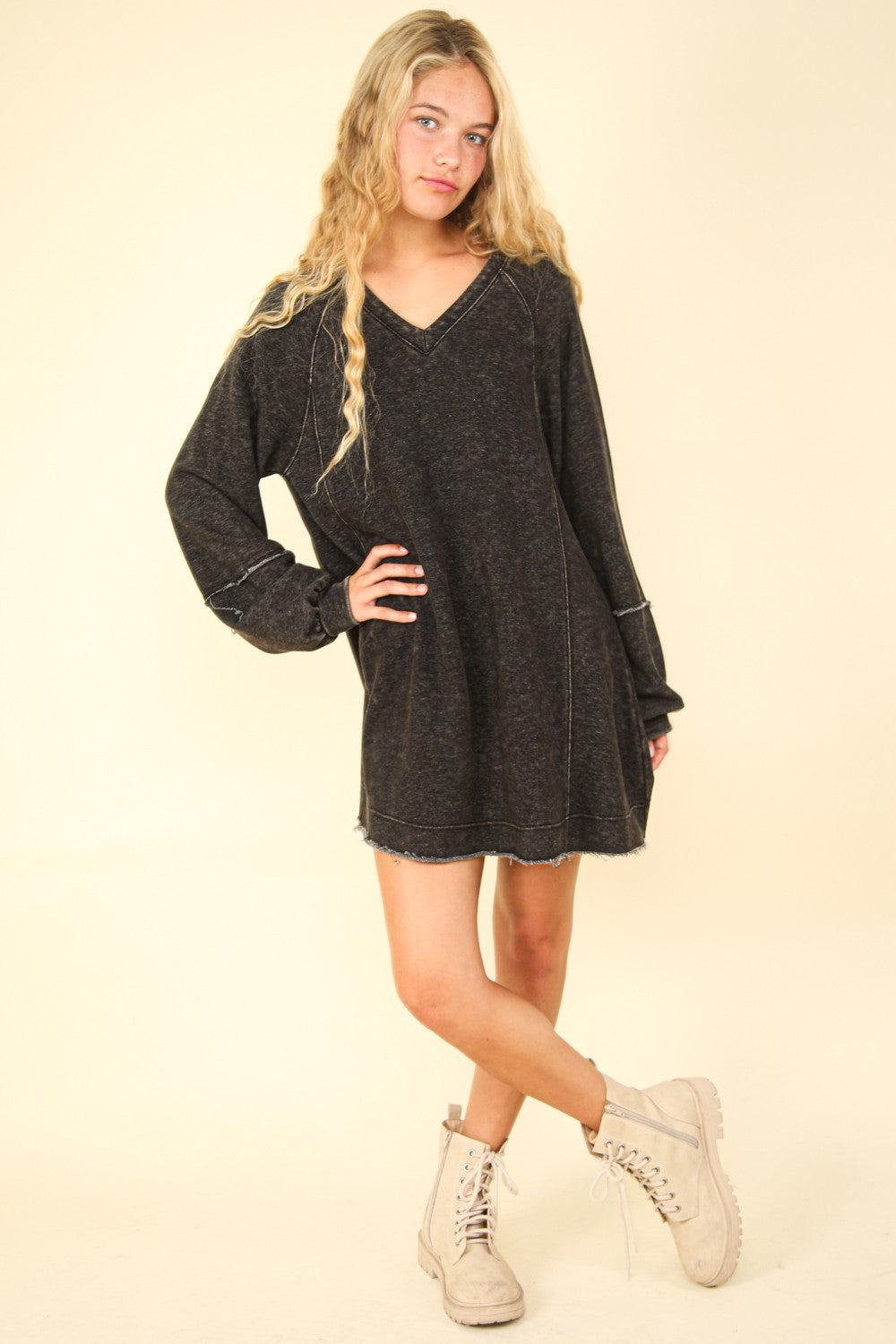 VERY J Mineral Washed Oversized A-Line Mini Dress Luxe Trendsi   