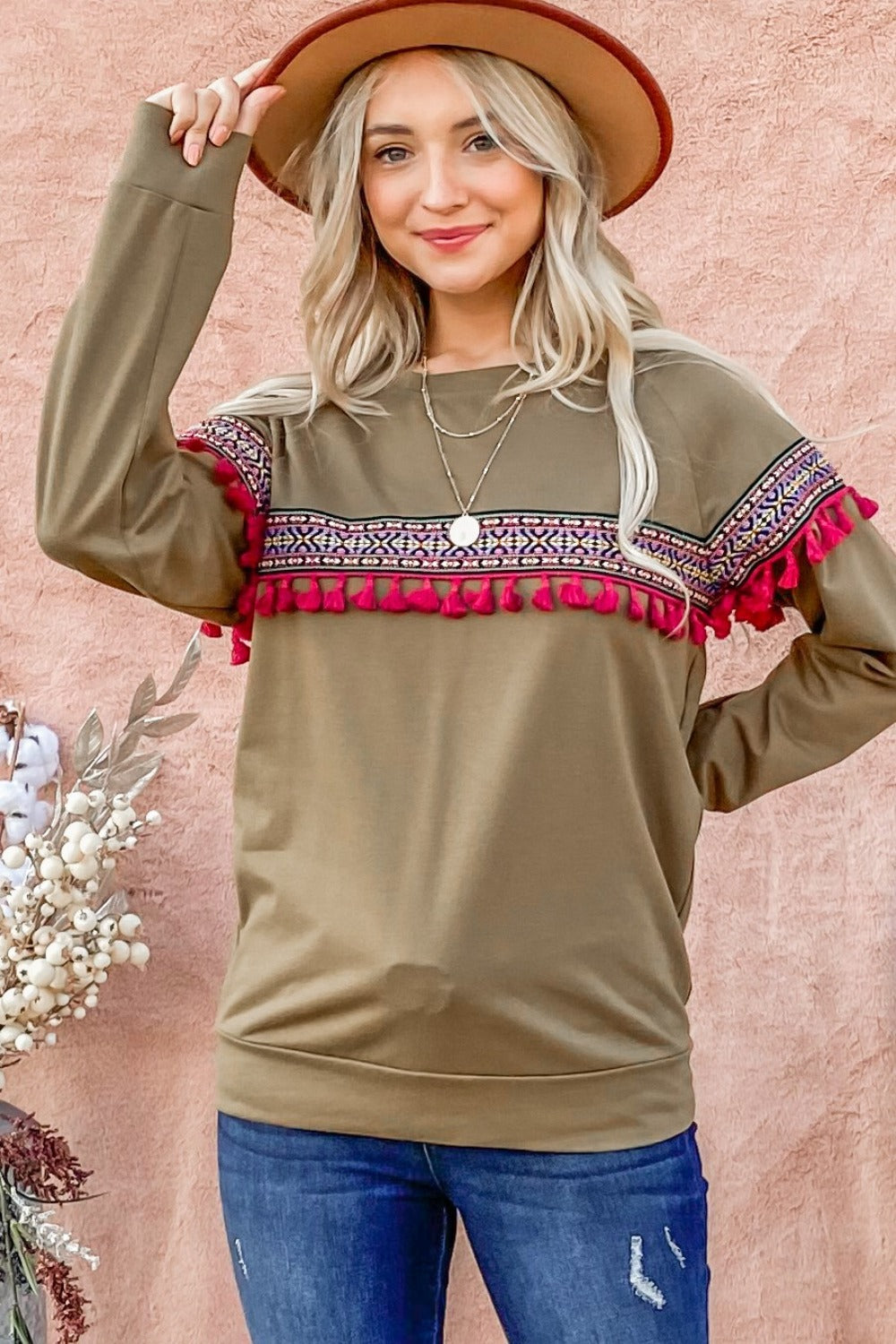 And The Why Ethnic Ribbon Tassel Trim Top  Trendsi Olive S 