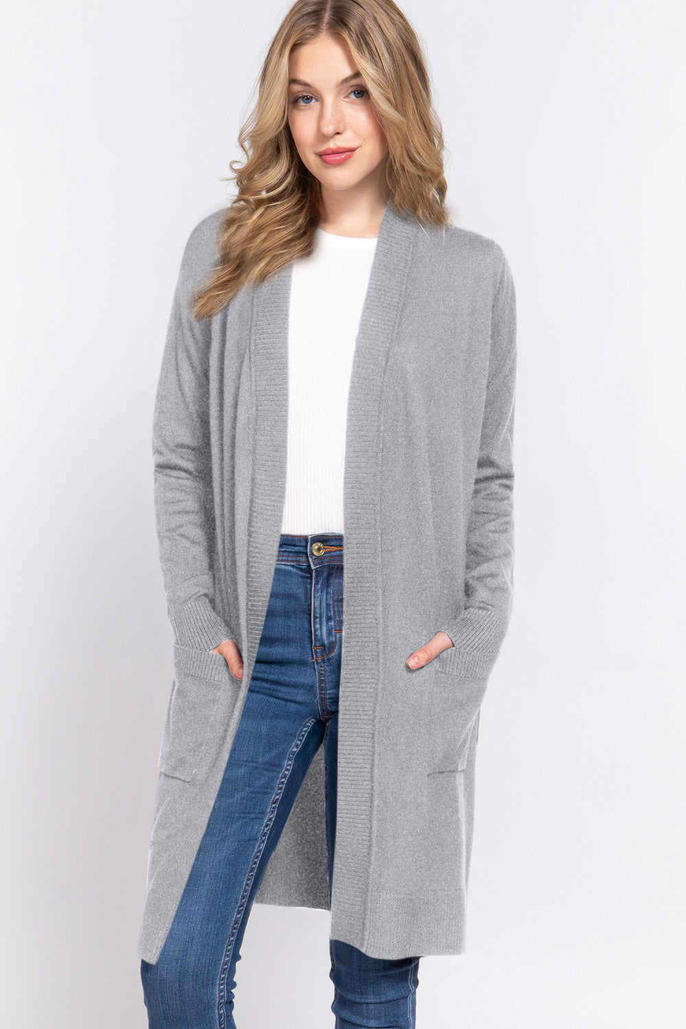 ACTIVE BASIC Open Front Rib Trim Long Sleeve Knit Cardigan  Trendsi HGREY S 