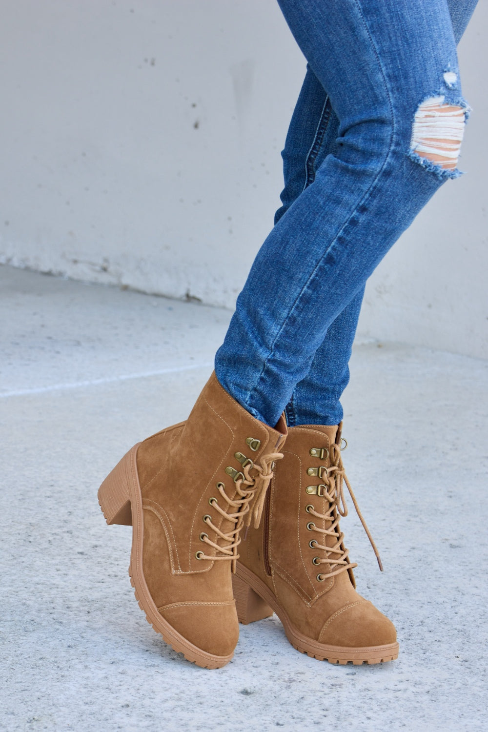 Forever Link Lace-Up Zipper Detail Block Heel Boots  Trendsi   