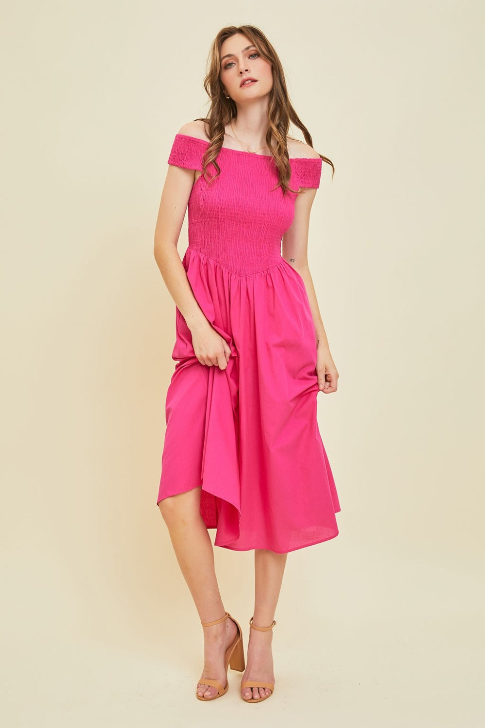 HEYSON Off-Shoulder Smocked Midi Dress  Trendsi   