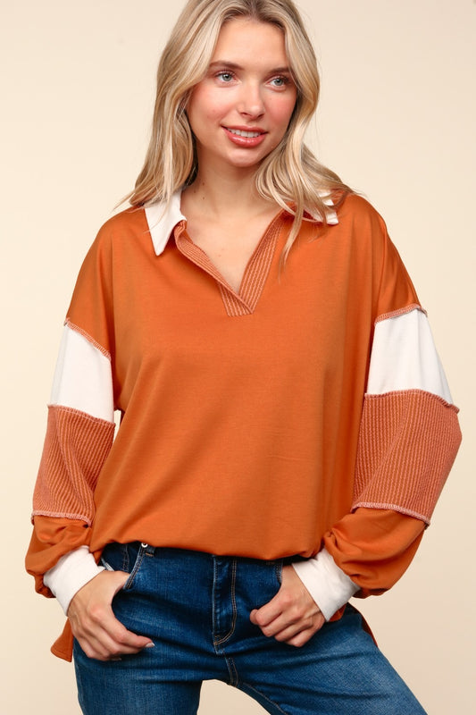 Haptics Color Block Exposed Seam Long Sleeve Top  Trendsi Rust S 