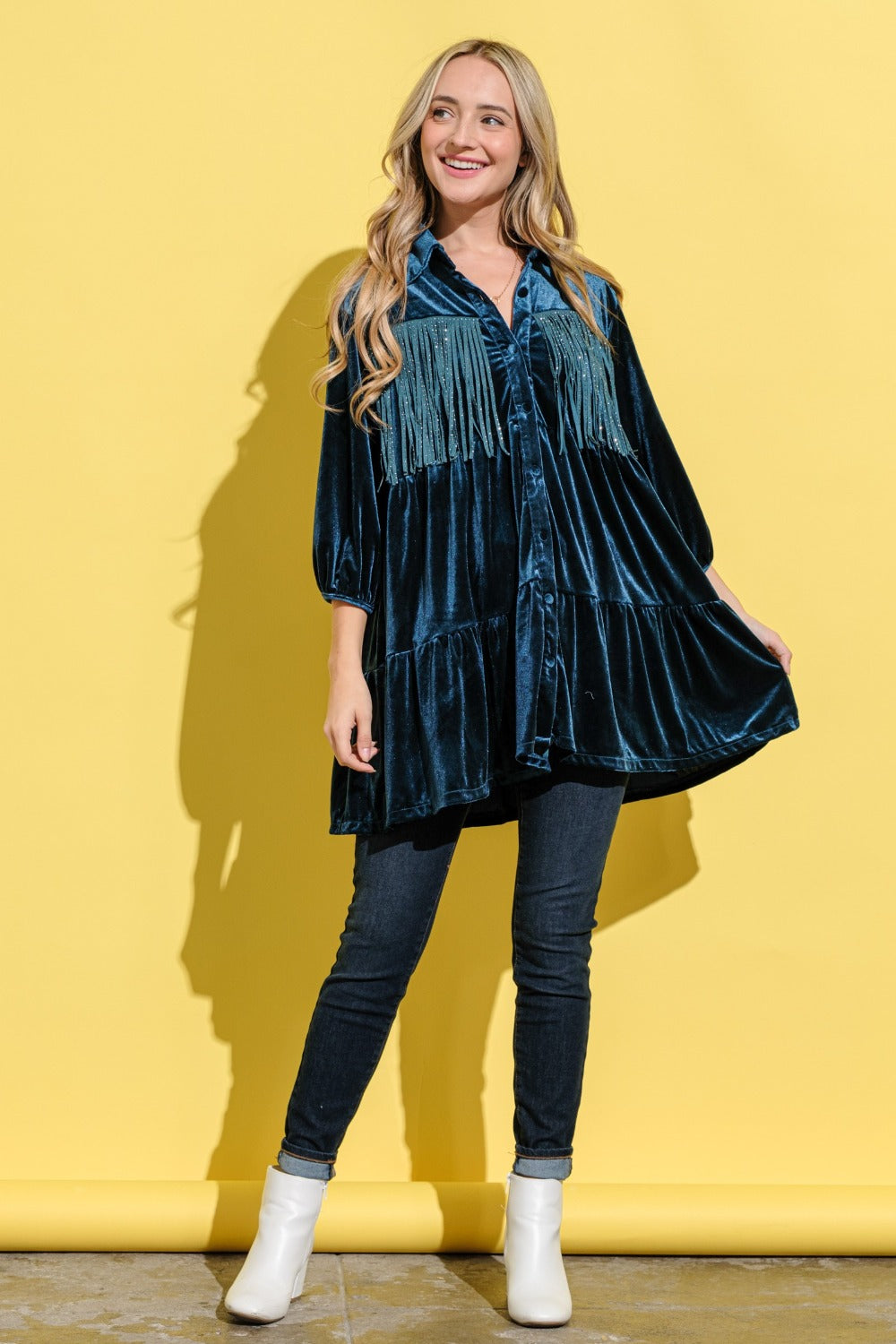 And The Why Fringe Detailed Velvet Shirt Dress Luxe Trendsi   