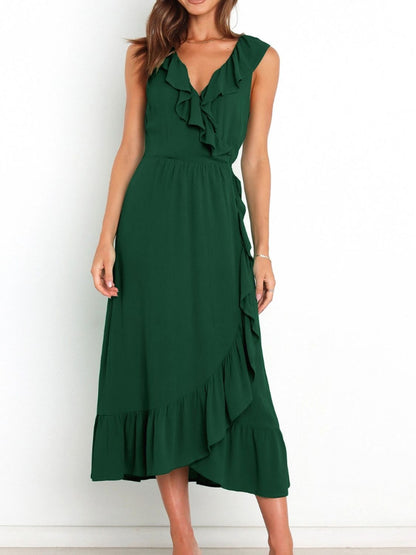 Ruffled Surplice Sleeveless Midi Dress