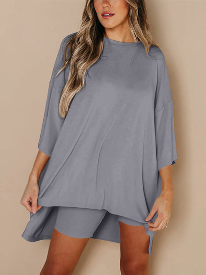 Full Size Round Neck Top and Skinny Shorts Set  Trendsi Dark Gray S 