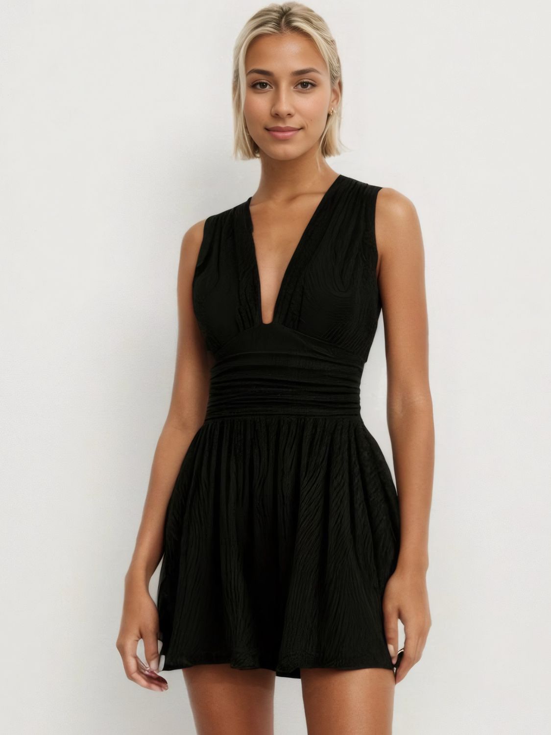 Ruched Plunge Sleeveless Romper  Trendsi Black S 