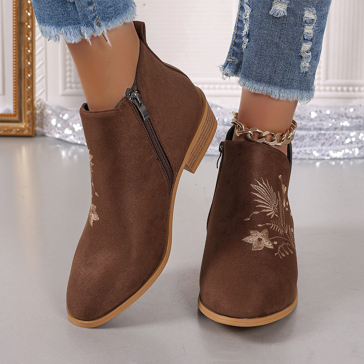 Embroidered Suede Point Toe Block Heel Boots  Trendsi   