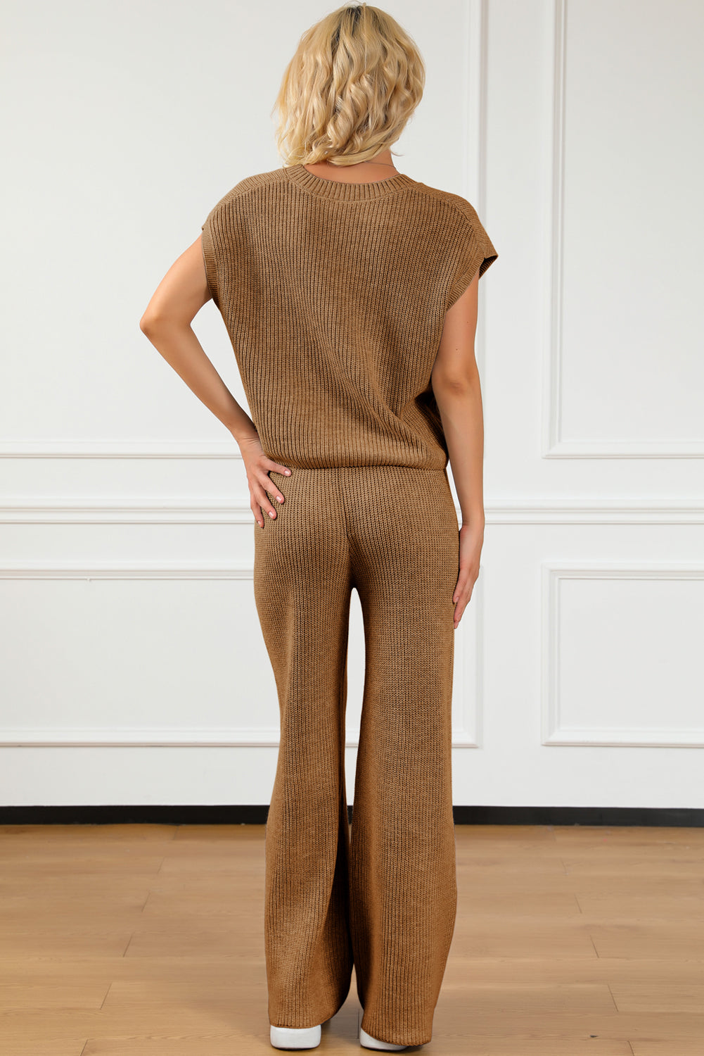 Pocketed V-Neck Top and Wide Leg Sweater Set Jumpsuit Trendsi   