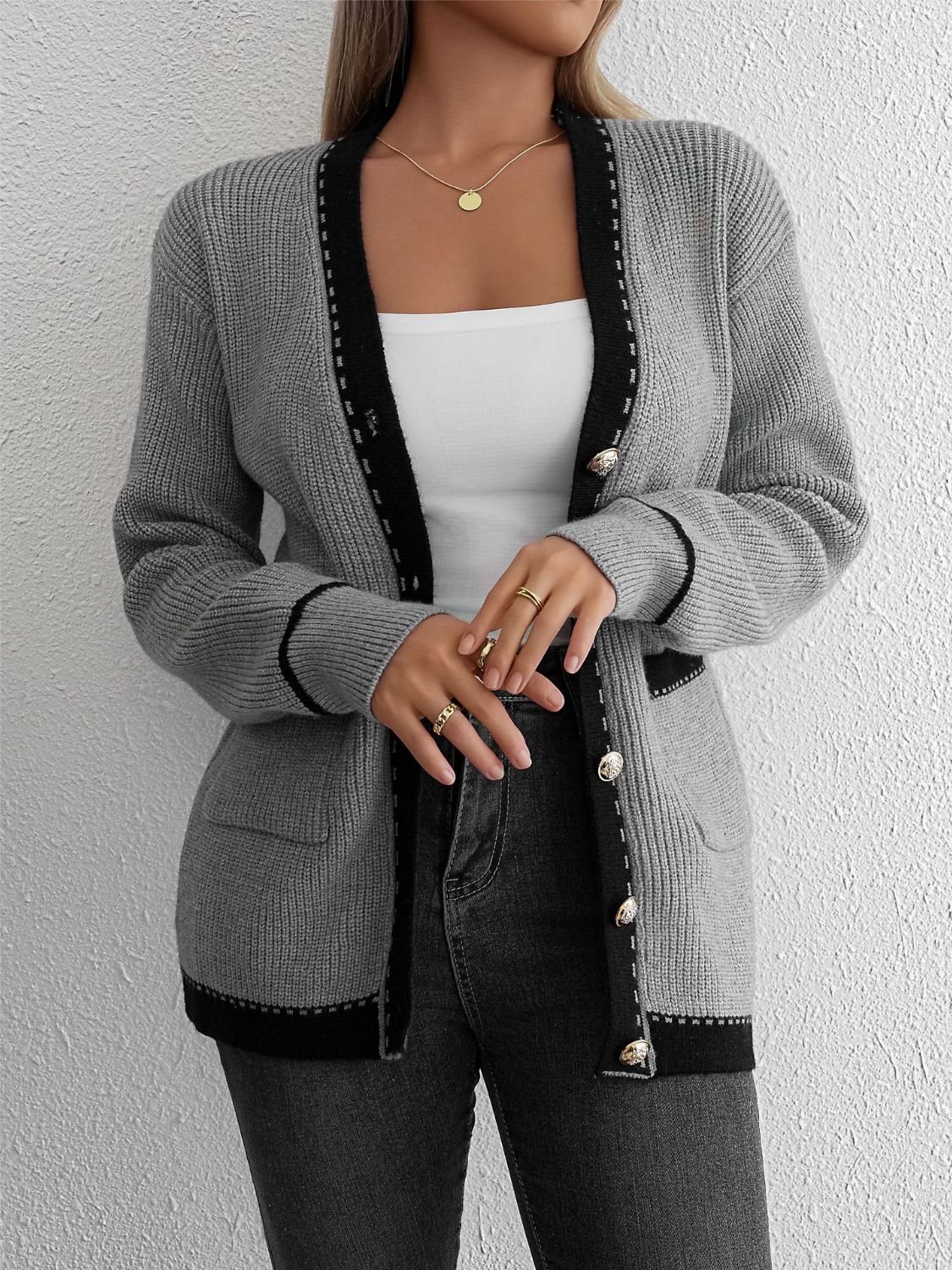 Contrast Trim Button Up Long Sleeve Cardigan  Trendsi   