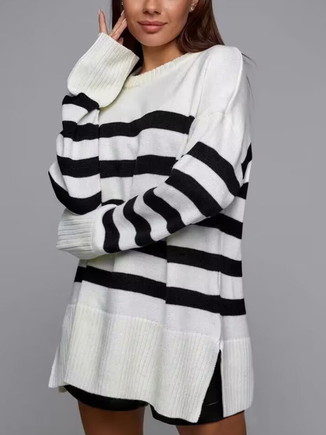 Slit Striped Round Neck Sweater  Trendsi Ivory S 