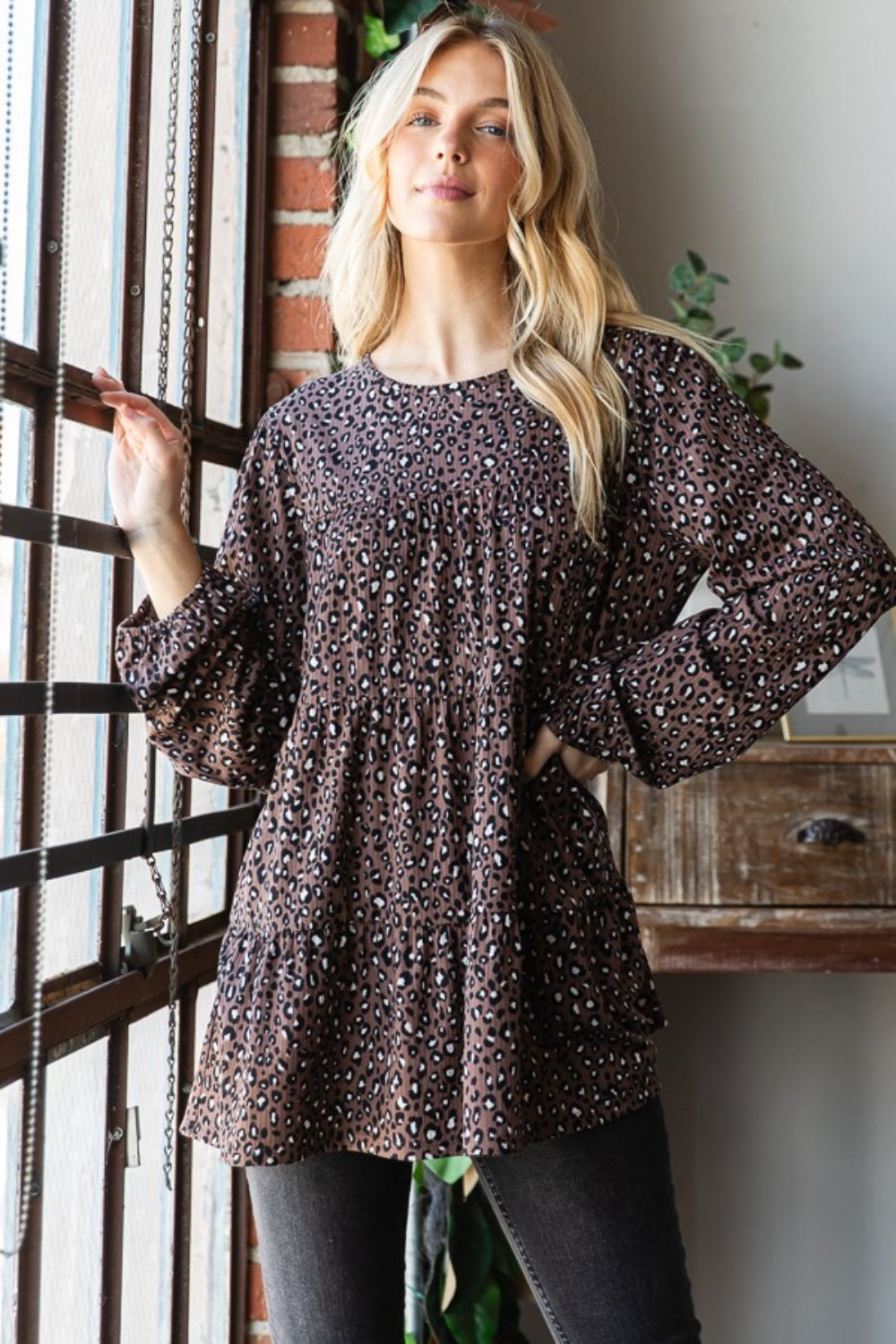 Heimish Leopard  Long Sleeve Tiered Blouse  Trendsi Mocha S 