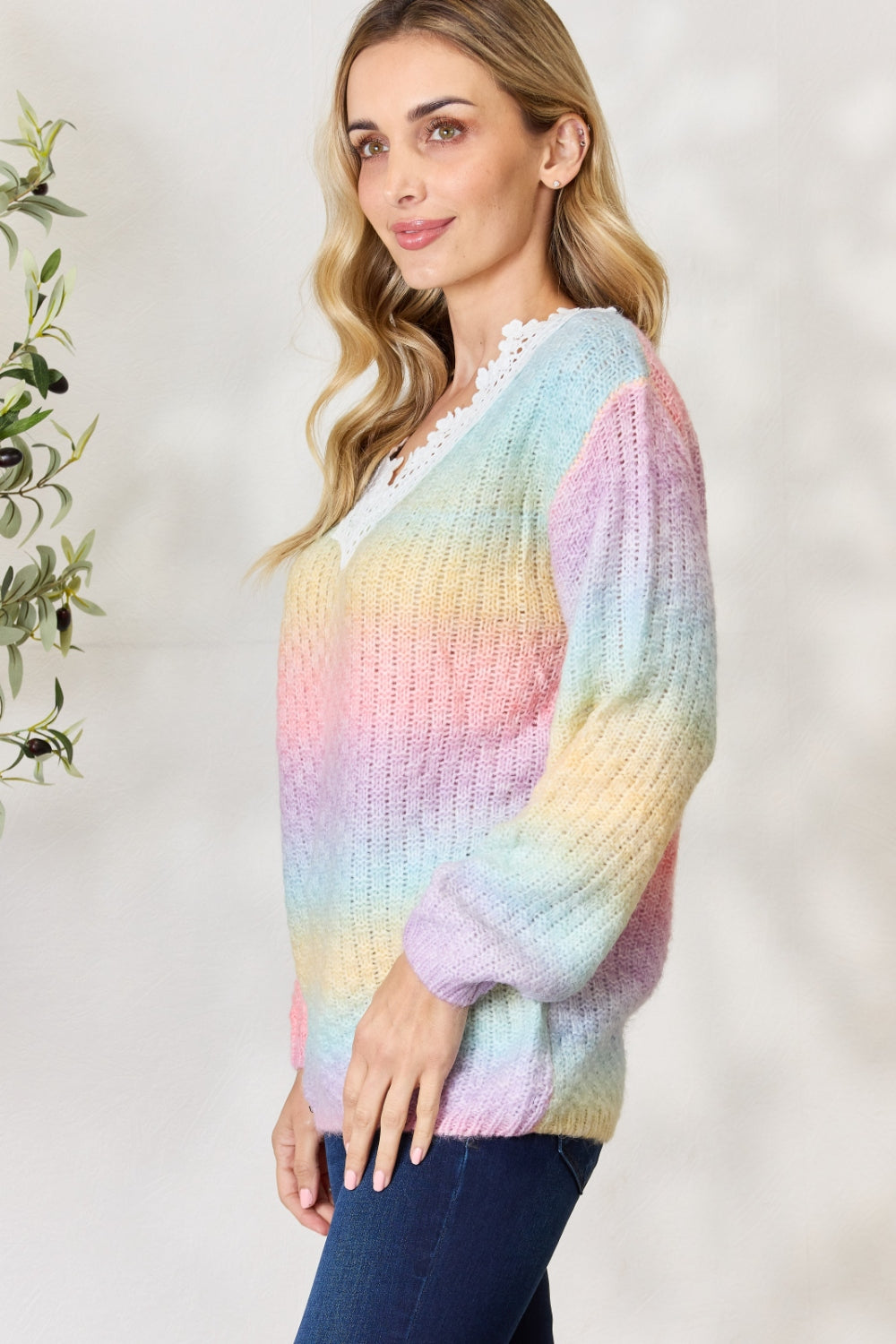 BiBi Rainbow Gradient Crochet Deetail Sweater  Trendsi   