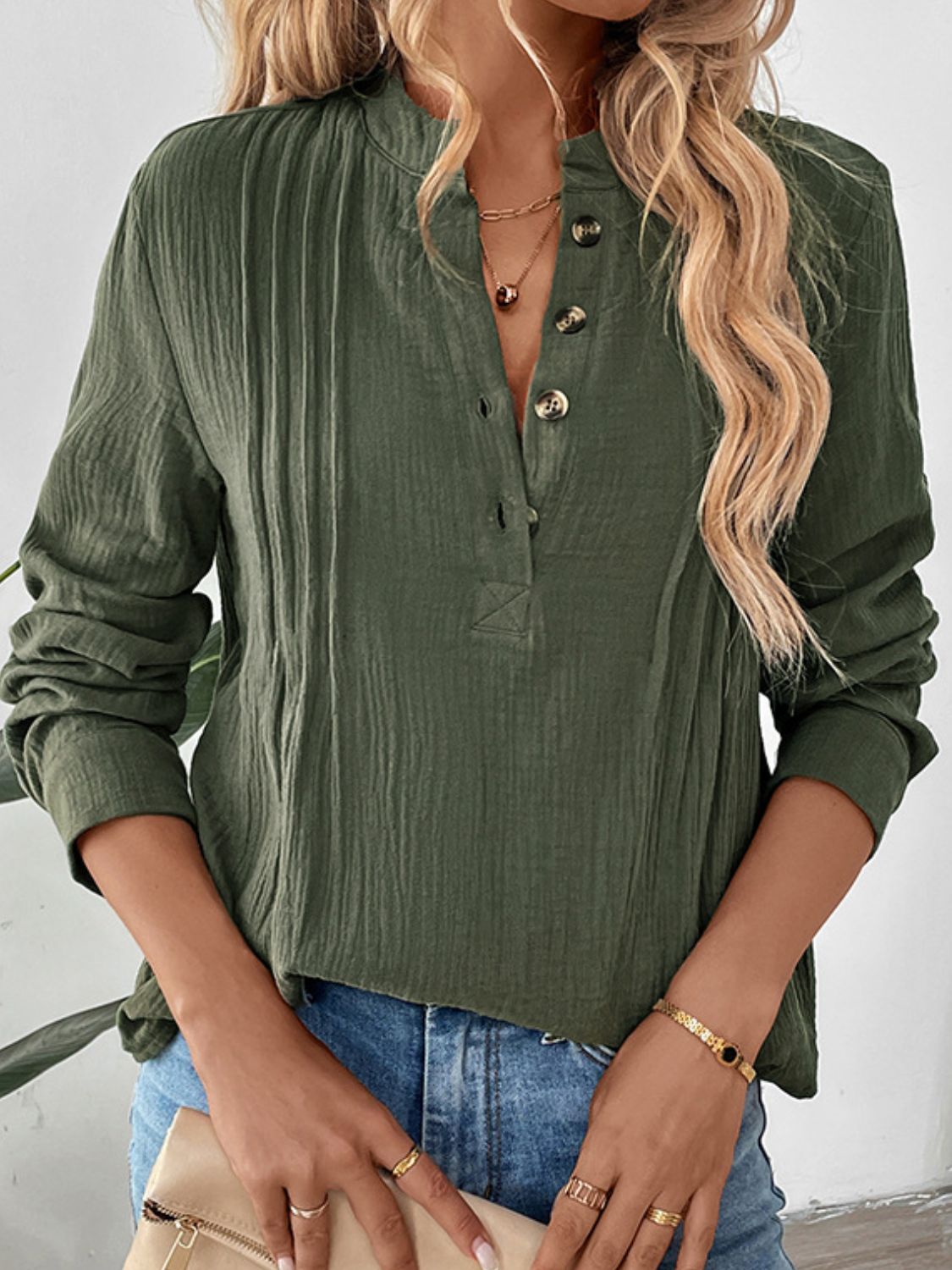 Perfee Textured Notched Long Sleeve Blouse  Trendsi   