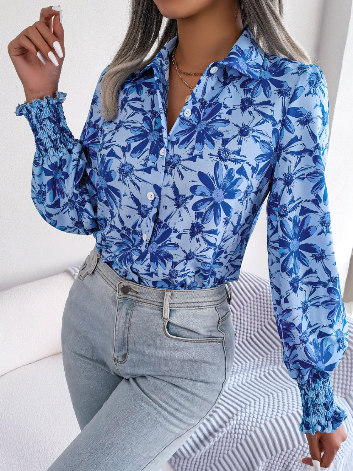 Floral Collared Neck Long Sleeve Shirt Blouse Trendsi   