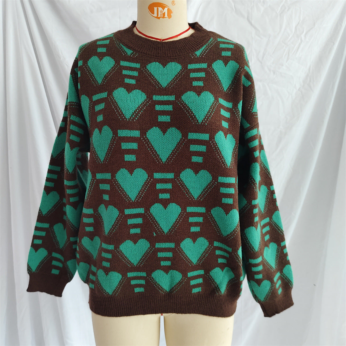 Heart Contrast Long Sleeve Dropped Shoulder Sweater  Trendsi   