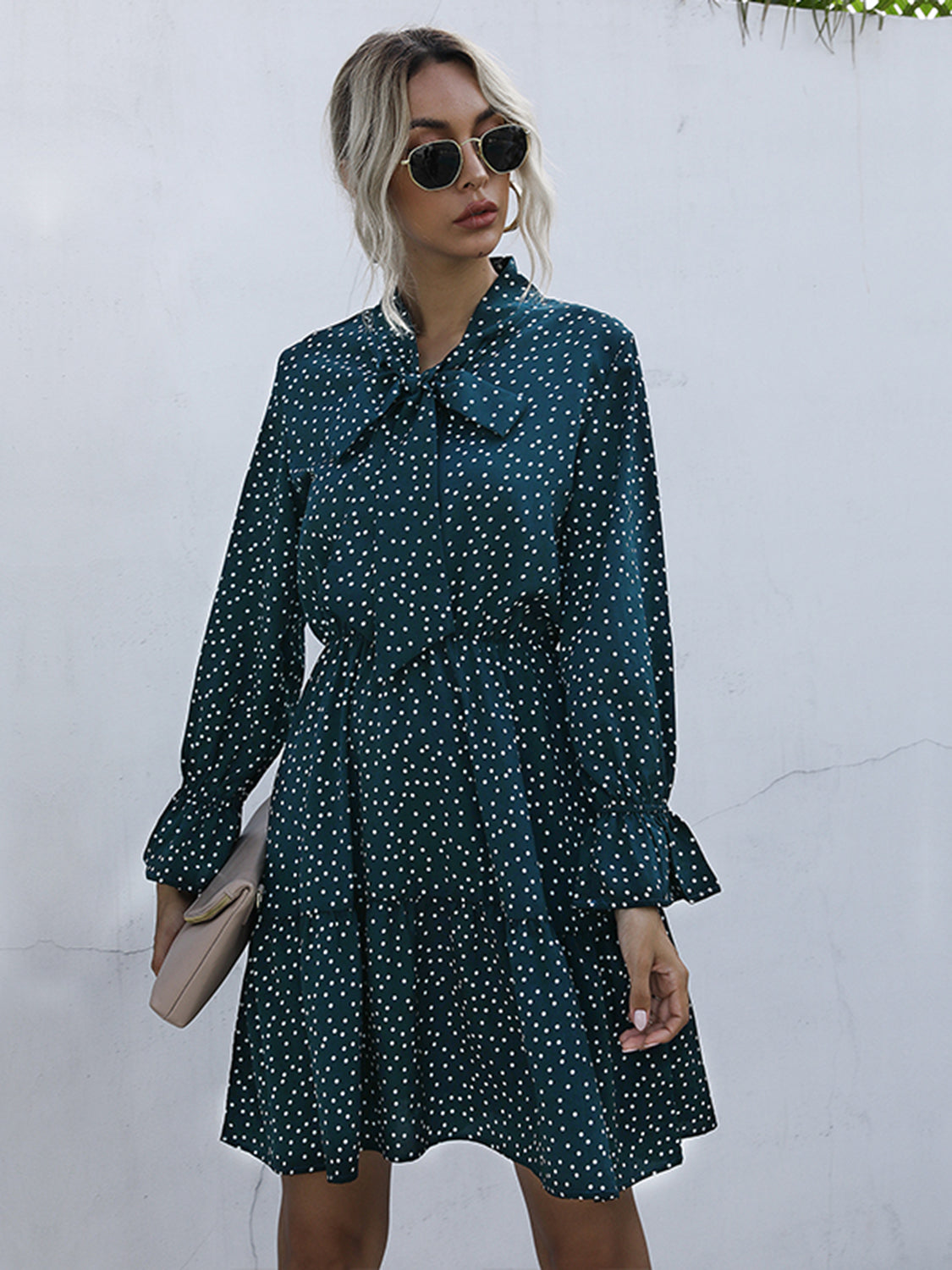 Perfee Polka Dot Tie Neck Long Sleeve Dress Dress Trendsi   