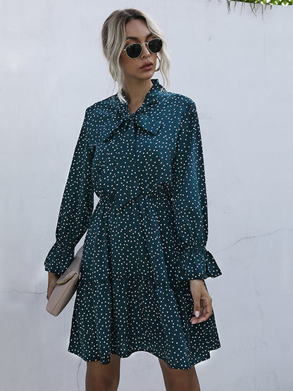 Perfee Polka Dot Tie Neck Long Sleeve Dress Dress Trendsi   